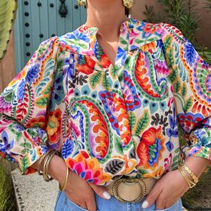 Plus Size, Dames Plus Size Mode Print Lantaarnmouw Overhemd met Opstaande Kraag