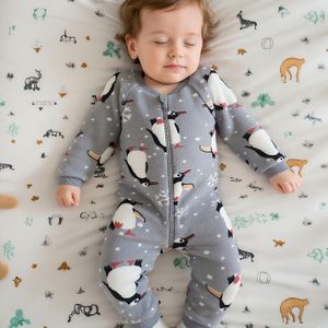 Herfst en Winter Cartoon Pinguïn Kerstmuts Bodysuit voor Kinderen, Flanellen Lange Mouwen Schattige Romper Voor Halloween/Kerstfeestjes