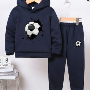 Onderscheidend ontwerp van voetbal Grafische print Jongens Sport Casual sets, Comfortabel Zacht Lichte stretch Casual Veelzijdig Ronde hals Lange mouwen Hoodie en broekpak