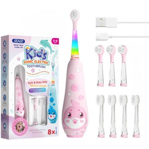 Seago Elektrische Tandenborstel voor Leeftijd 0-6 Jaar | 8 Opzetborstels, Schattige Walvisvorm, 2-Minuten Slimme Timer, USB Oplaadbaar, IPX7, Voorkomt Karies, Ideaal Mondverzorgingscadeau voor en