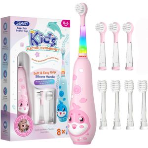 Seago Elektrische Tandenborstel voor Leeftijd 0-6 Jaar | 8 Opzetborstels, Schattige Walvisvorm, 2-Minuten Slimme Timer, USB Oplaadbaar, IPX7, Voorkomt Karies, Ideaal Mondverzorgingscadeau voor en