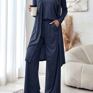 New Europese en Amerikaanse Lente/Herfst Mode Kleur V-Hals Mouwloze Vest + Oversized Lange Mouwen Cardigan Jurk + Elastische Taille Zakken Wijd Broek -Delige Set voor Vrouwen