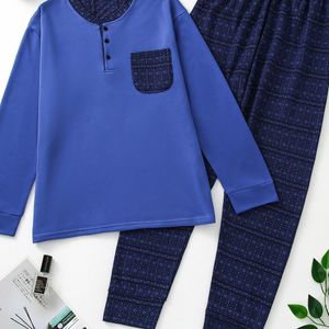 Winter Dikke Pyjama Set - Casual Geometrisch , Polyester Breiweefsel, Lange Mouw, Ronde Hals, Overslag, Ruime Pasvorm, Elasticiteit, 100% Polyester - Gezellige Slaapwear Pyjama Broek en Top Combo