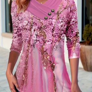 Dames Bloemen V-hals Lange Mouw Top, Casual Gebreide Polyester Blouse met Geometrisch , Detail, Lengte - Lente/Zomer/Herenmode