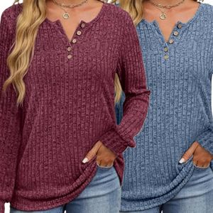 2-Pack Dames Casual Geribde V-hals T-Shirts - Zachte Lange Mouw Gebreide Tops Met Voor Design, Kleur Polyester 95% Elastane 5% Voor Lente/Herfst Seizoen