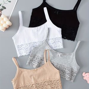 4 stuks Meisjes Strapless camisoles - Zachte Pastel & Neutrale Kleuren (Beige/Wit/Zwart/Grijs), Kantafwerking, Laagje Tops voor Peuters, Kinderen, Tieners - Dagelijkse en Formele Outfits