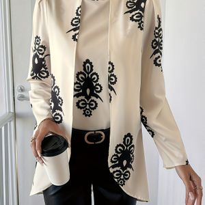 Elegant Women'-layer Long Sleeve Blouse With Floral Print - Cream Polyester Top With Black Floral Patterns, High-low , Machine Washable, Spring And Fall