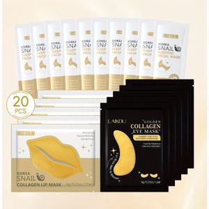 LAIKOU Hydrating Lip Eye & Mask 20 stuks, met 10 stuks Korea Snail Mask, 5 stuks Korea Snail Lip Mask, 5 stuks Gouden Oogmasker, Verjaardagscadeauset, voor vriendin, zus en moeder