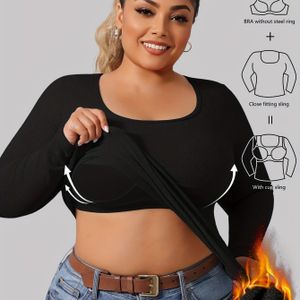 Plus Size Eenvoudig Thermisch Ondergoed Top, Vrouwen Ingebouwde Bh Lange Mouw Ronde Hals Geribbelde Warme Top Voor Herfst & Winter