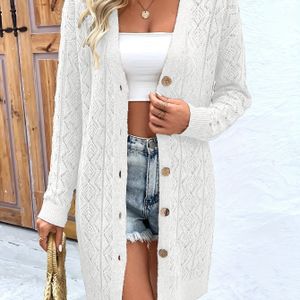 Chique witte V-hals vest voor dames met holle knopen - Stretchy stof, lange mouw, knopen voor - Perfect voor lente, zomer en herfst - Casual maar elegante stijl