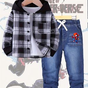 Marvel Print Rugzak Jongens' Geplaid Overhemd met Capuchon en Jeans Set - Modieus Casual Zwart-Wit Hoodie, Donkere Rechte Jeans voor School, Buiten en Campus, Perfect voor Buitenactiviteiten