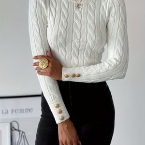 Elegante trui voor dames met nepknoppen - Lange mouwen, ronde hals, wit, modieuze top voor lente/herfst, modieuze top voor herfst | Trui met ronde hals | Constructie, truijurk