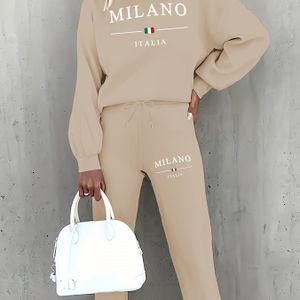 Herfst- en wintermode print tweedelige set, Dames casual lange mouw gevoerde en joggingbroek met trekkoord