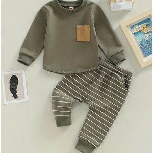 Zwart en Legergroen Lange Mouwen Ronde Hals Gestreepte Broekpak voor Kinderen, Herfst/Winter, Ideaal voor Buiten