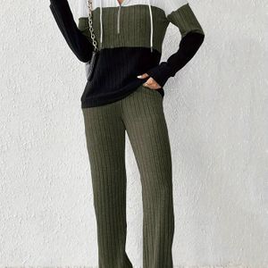 Vrouwenkleur Blok Ribbeltrui met Kap, Elegante Rits Voorzijde, Thuis Pak Set, Polyester, Kleur, Alle Seizoenen, Kleur Blok Kraag Ontwerp