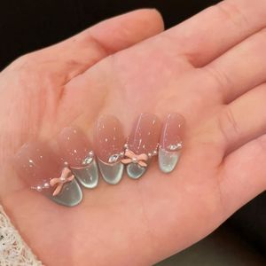 10 stuks Handgemaakte Blauwe Franse Ombre Cat Eye Kunstnagels - Zomerse Glow Cheeky Blush Press-On Nagels voor Vakantie, Feest en Dagelijks Gebruik, Herbruikbare Glam Nagels