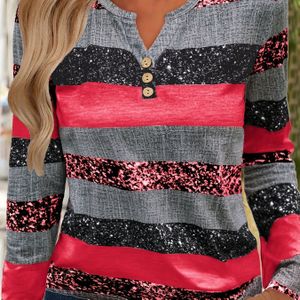 Dames Casual Lange Mouw V-hals Trui met Kleurrijke Strepen en Nep Knopen - Perfect voor Herfst en Winter, Herfst Winter Top|Gestreepte Top|V-hals Top