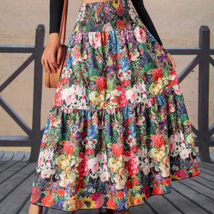 Floral Print Verzamelde Midi Rok – 100% Polyester, A-Lijn Silhouet, Levendige Kleuren, Wasmachinebestendig, Ideaal voor Strandvakanties en Casual Uitjes