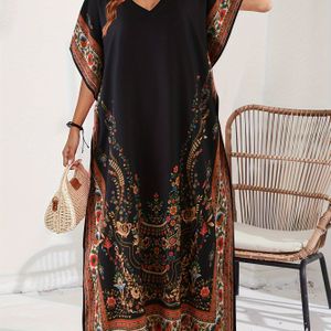 Women's Middle Eastern Abaya, Casual V-neck Floral Print Loose Fit Maxi Dress, Polyester, Non-stretch, Split Hem, Woven, , Traditional Clothing