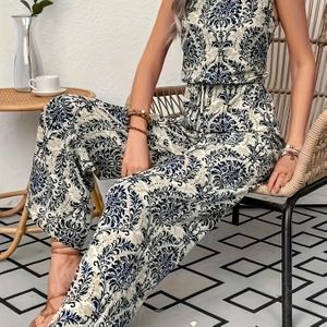 Vrouwen Elegante Bloemenprint Mouwloos Jumpsuit – Ronde Hals, Wijd Pijpen, Wasbaar in de Machine, Lente/Zomer Mode, Beige met Blauwe en Zwarte Bloemmotief