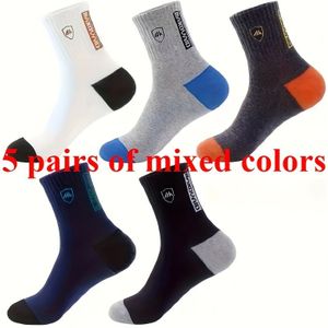 5 Paar Stijlvolle Ademende Herensokken - Zachte Warme Casual Sokken met Gemengde Kleuren (Wit/Zwart/Blauw/Oranje/Grijs) & Contrastafwerking, Wasmachinebestendig voor Winter en Herfst