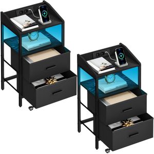 Bedside Table Set Of 2, With Led Lights And Charging Station, Side Table With 2 Fabric Drawers And Shelves, With Usb Ports & Sockets, For Bedroom, Living Room, White