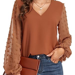 Zwitsers overhemd met stippenmouwen, casual overhemd met V-hals voor lente en herfst, dameskleding