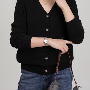 100% Merino Wol, Wol, Elegant V-hals Eenvoudige Kleur Cardigan Trui voor Vrouwen, Geschikt voor Lente en Herfst.