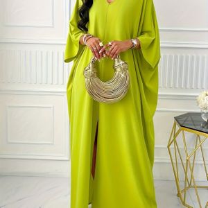 Plus Size, Elegante V-hals Batwing Mouw Turkse Kaftan Jurk met Split Zoom - 100% Polyester Machine-Wasbare H-Lijn Silhouet voor Alle Seizoenen