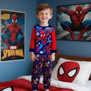 Marvel Jongens Spider-Man Serie Print Comfortabele Zachte Ademende Set, Ronde Hals Lange Mouw T-Shirt + Broek Outfit, Vlamvertragende Stof voor een Geweldige Nacht