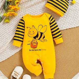 Baby'S schattige bijprint gestreepte lange mouw bodysuit + tentakelhoed tweedelige set, perfect voor buiten