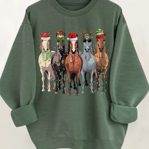Paard Print Pullover Sweatshirt, Kerstmis Lange Mouw Ronde Hals Sweatshirt Voor Herfst & Winter, Vrouwenkleding