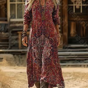 Elegante vintage maxi-jurk met lange mouwen en print voor dames - Rood & Bloemen & Geometrisch , V-hals, lange formele & casual outfit voor herfst/winter