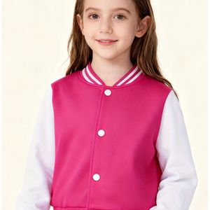 1 stuk Meisjes & 'Roze en Wit Gestreepte Varsity Jacket - Rood/Rozekraag, Enkelrijige Knoopsluiting, Wasmachinebestendig Baseballjas voor , Buitenshuis Activiteiten - Casual Jas (Kinderkleding)