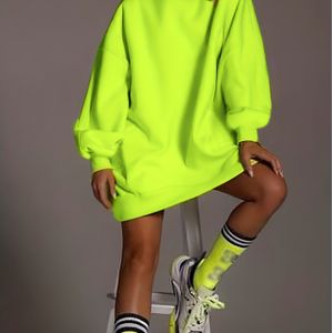 Dames Casual Fashion Geribbelde Sweatshirt met Ronde Hals | Fluorescerend Groen Loose-Fit Pullover, Comfortabele Mid-Stretch voor Herfst/Winter, Minimalistische Stijl, Comfortabele Pasvorm