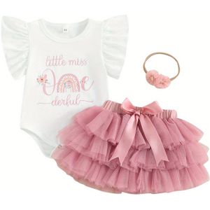 Verjaardagsjurkset voor Baby Meisje met Korte Mouwen, Regenboogprint Bodysuit en Tule Rok met Tiara, Perfect voor Buiten