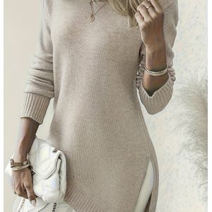 Dames Asymmetrische Hem Sweater - Lange Mouw, Ronde Hals, Kleur Beige, Perfect voor Lente & Herfst, Stijl, Top | Ronde Hals Sweater | Constructie, Sweater Jurk