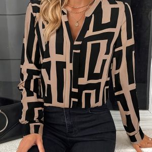 Elegante V-hals Lange Mouwen Blouse met Geometrische Lijnpatronen - Herfst/Winter Kantoor & Speciale Gelegenheid Shirt, Klassieke Knoopsluiting (Wasbaar in de Machine) -