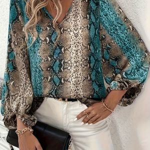 Vrouwen Elegante V-hals Lange Mouw Blouse, Lente/Herfst Seizoen, Slangen & Dierenprint, Losse Pasvorm, Niet-rekbare Polyester 100%, Geweven Stof, 100g/m² Gewicht