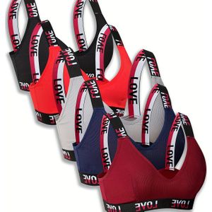 5 stks Elegante Letter Print Draadloze BH's voor Vrouwen - Comfortabele Minimalistische Stof, Plus Maat, Geen Vulling, Medium Stretch, Rood/Zwart/Wit/Blauw, Dagelijkse | Draadloze BH | Stof Br