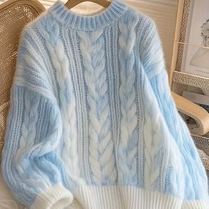 Plus Size, Dames Zachte Blauw-Witte Kabeltrui - Dikke Warme Winter Trui met Lange Mouwen en Ronde Hals, Elegante Casual Cozy Sweater voor Herfst en Winter, Veelzijdig voor Dagelijkse Gelegenheden