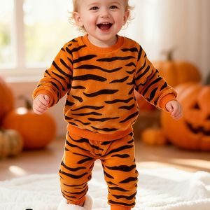 2 stuks Baby's Warme Fuzzy Tijger Lange Mouw Top & Casual Broek, Peuter & Baby Jongens Kledingset Voor Winter Herfst, Buitenkleding