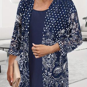 Elegante Tweedelige Set, Ronde Hals Top & 3/4 Mouw Open Voorkant Vest Outfits, Dameskleding