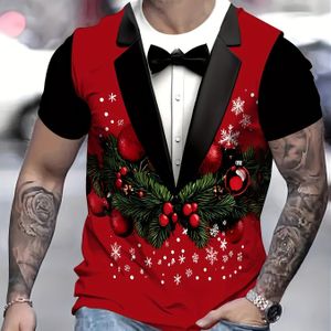 Vakantie Heren 3D Geprint T-Shirt | Nep Tailcoat en Kerst Elementen, Ideaal Cadeau voor of Vriendje, Leuk Kerstshirt, Machinewasbaar, Ronde Hals, Regular Fit