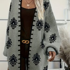 Vrouwen's Gezellige Geometrische Vest - Warm Grijs & Zwart Open-Voorzijde Trui met Knoopdetails, Casual Herfst/Winter Laagstuk, Casual Wintertoebehoren | Geometrisch Vest | Knoopdetail Vest