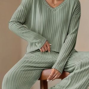 1 Set Dames Plus Size Casual V-Hals Sweatsuit, Polyester Knit Ribbed Kleur Loungewear Set met Stretch Stof