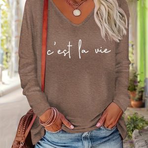 Dames Casual V-hals Lange Mouw Top - "" Letter Print, Zacht & Comfortabel, Olijfgroen, Perfect voor Herfst/Winter, Dagelijks Top|V-hals Top|Stretchy