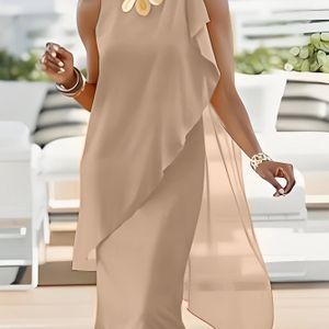 Elegante kleur onregelmatige chiffon patchwork mouwloze ronde hals jurk