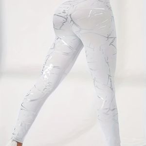 Stijlvolle, Witte Leggings Met Hoge Taille En Witte Marmerprint - Pasvorm, Crop Lengte, Perfect Voor En Casual Draag, Comfortabel Voor Alle Seizoenen, Draag|Stijlvolle Leggings|Stretchy Stof