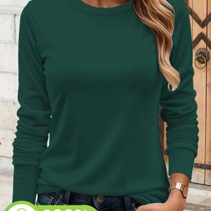 Dames Casual Lange Mouw T-Shirt - Zachte Ronde Hals, Groen, Perfect voor Herfst/Winter Dagelijks , Dagelijks , Comfortabele Pasvorm